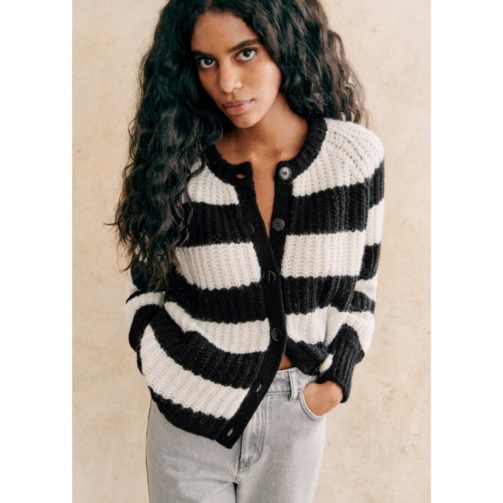 Sezane Emile Cardigan Black White Striped Alpaca Blend Knit Sweater XS